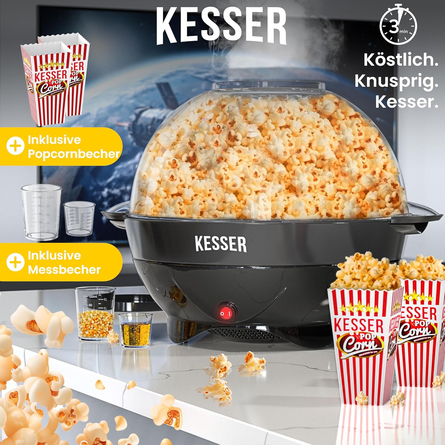 KESSER® Popcorn Machine Large 800 W Popcorn Maker 5.5 L Capacity with Non-Stick Coating Lid and Serving Bowl for Oil Butter Sugar Silent & Quick Includes Measuring and Popcorn Cup Removable Heating