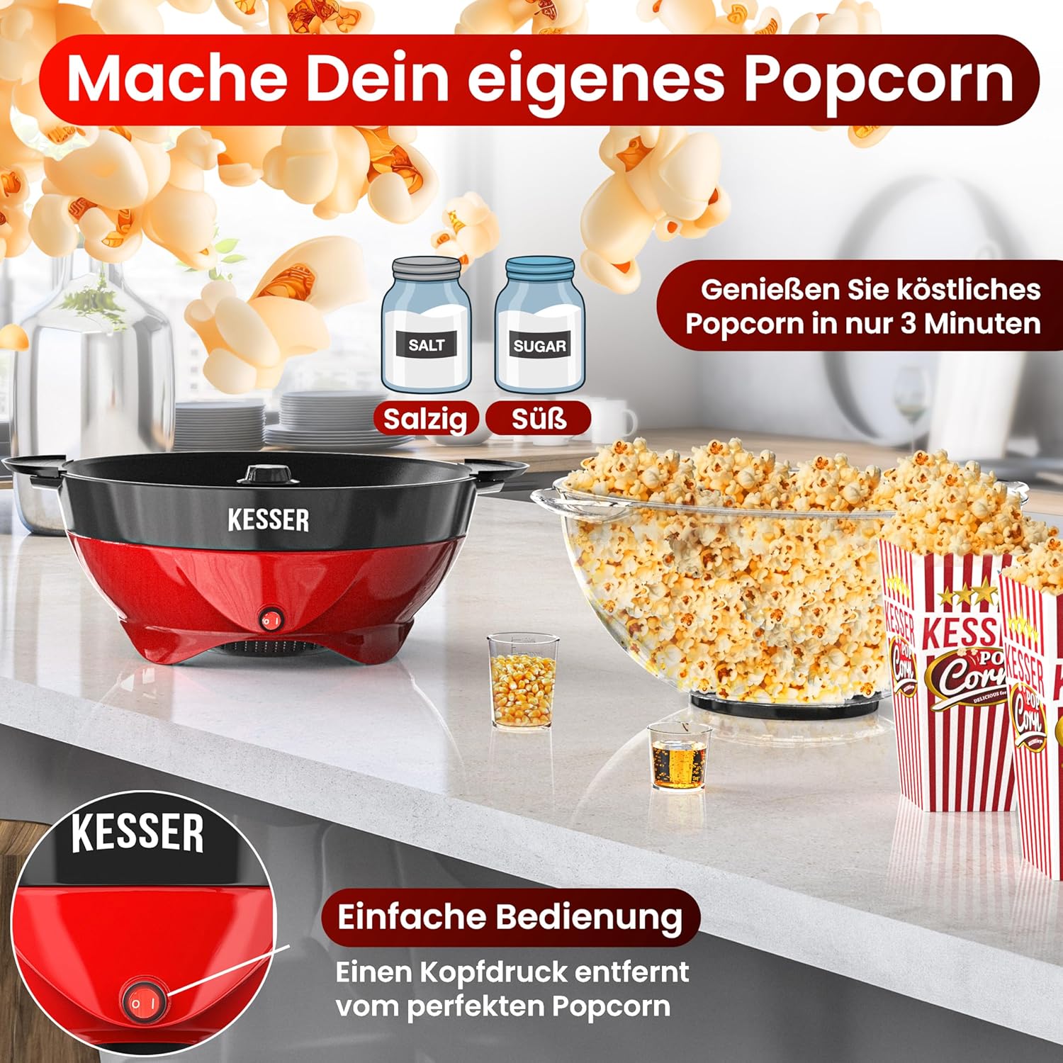 KESSER® Popcorn Machine Large 800 W Popcorn Maker 5.5 L Capacity with Non-Stick Coating Lid and Serving Bowl for Oil Butter Sugar Silent & Quick Includes Measuring and Popcorn Cup Removable Heating