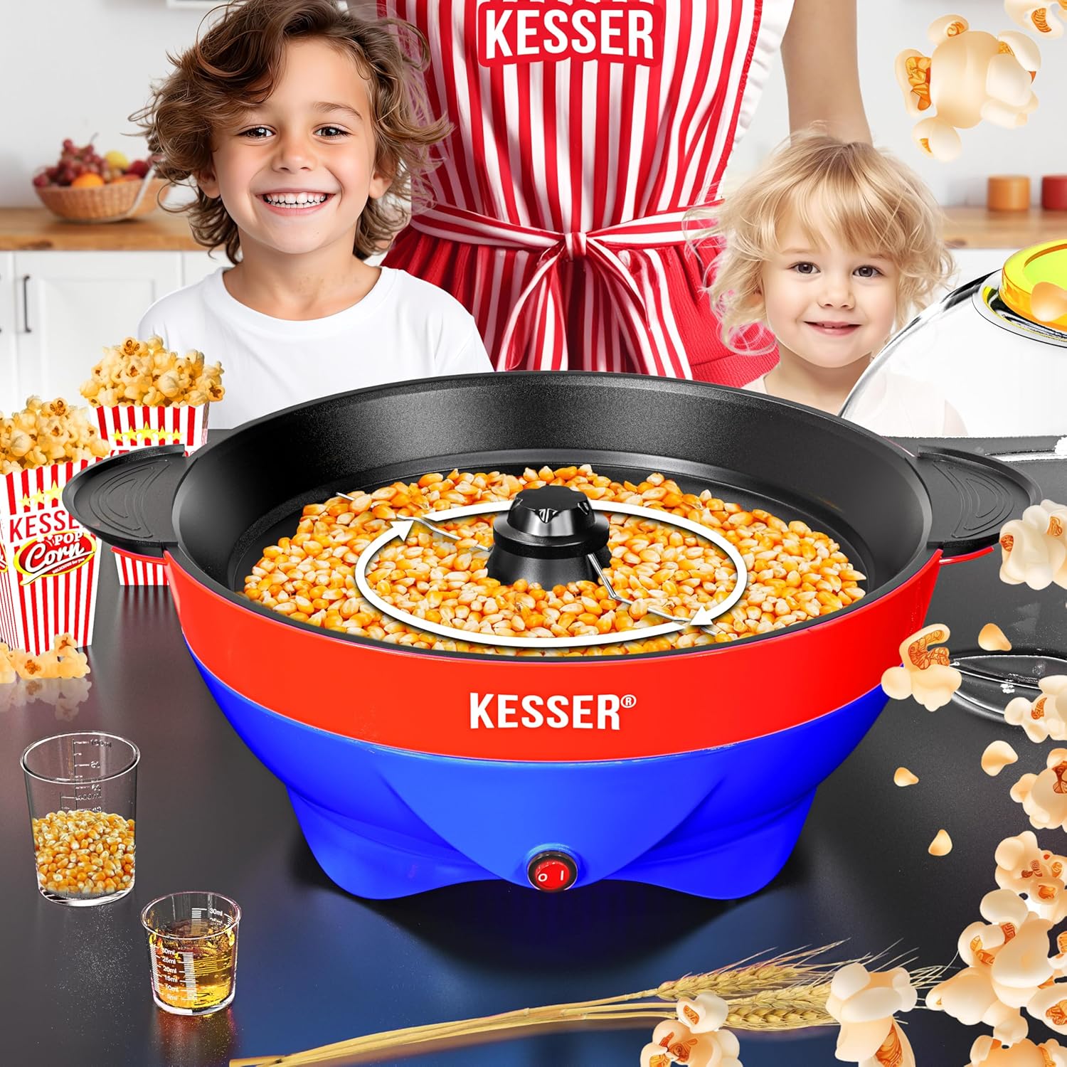 KESSER® Popcorn Machine Large 800 W Popcorn Maker 5.5 L Capacity with Non-Stick Coating Lid and Serving Bowl for Oil Butter Sugar Silent & Quick Includes Measuring and Popcorn Cup Removable Heating