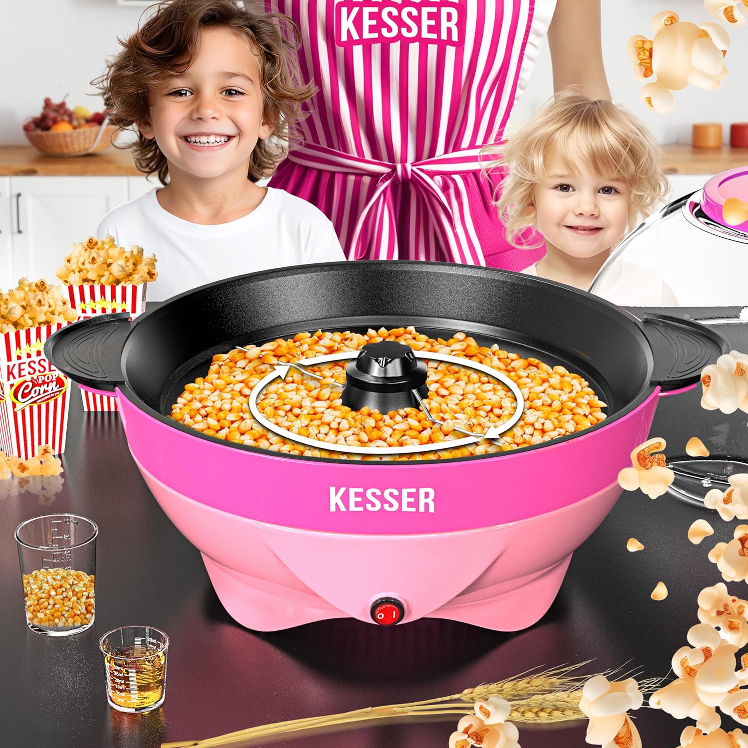 KESSER® Popcorn Machine Large 800 W Popcorn Maker 5.5 L Capacity with Non-Stick Coating Lid and Serving Bowl for Oil Butter Sugar Silent & Quick Includes Measuring and Popcorn Cup Removable Heating
