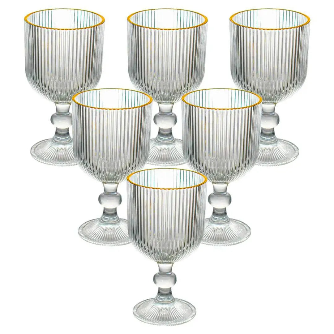 Jogo de Taças de Vidro Graffiato | Fio de Ouro Canelado | 6 Peças 380ml