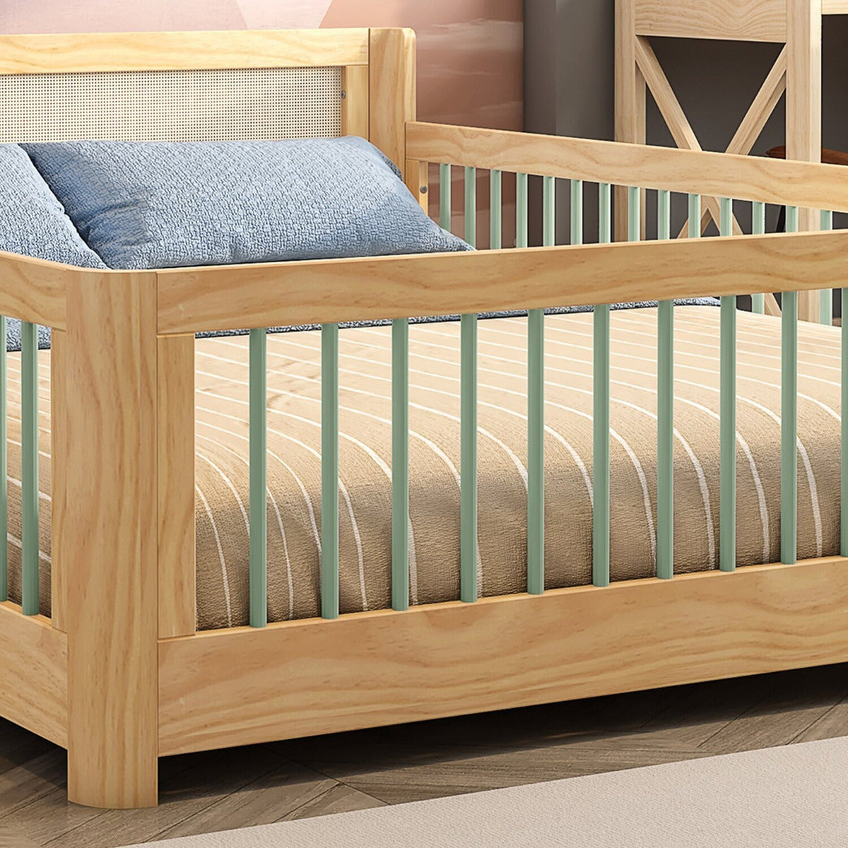 Cama Infantil Casal Montessoriano Wave Com Rattan Casatema