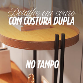 Aparador Madeira Ferro Tampo Oval Acabamento Couro Preto Cor Freijó/preto