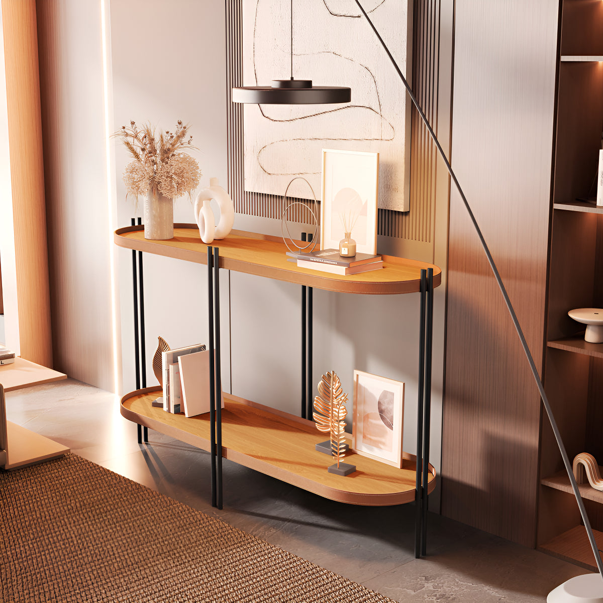 Aparador Madeira Ferro Tampo Oval Acabamento Couro Preto Cor Freijó/preto