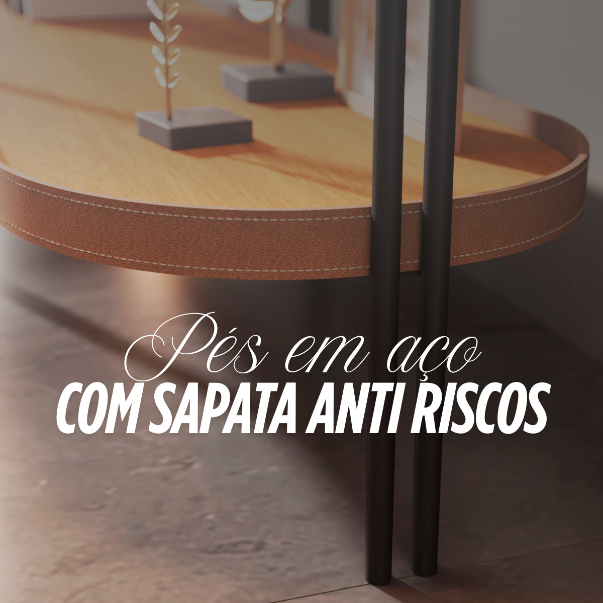 Aparador Madeira Ferro Tampo Oval Acabamento Couro Preto Cor Freijó/preto