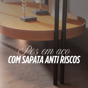 Aparador Madeira Ferro Tampo Oval Acabamento Couro Preto Cor Freijó/preto