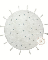 Tapete Lavável de Algodão Redondo Bolinhas Azul com Pompom - 140 x 140