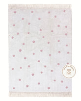 Tapete Lavável de Algodão Bolinhas Rosa com Franja