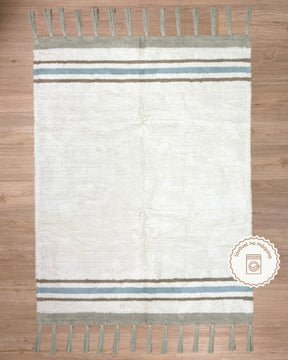 Tapete Lavável de Algodão Listra Azul com Pompom