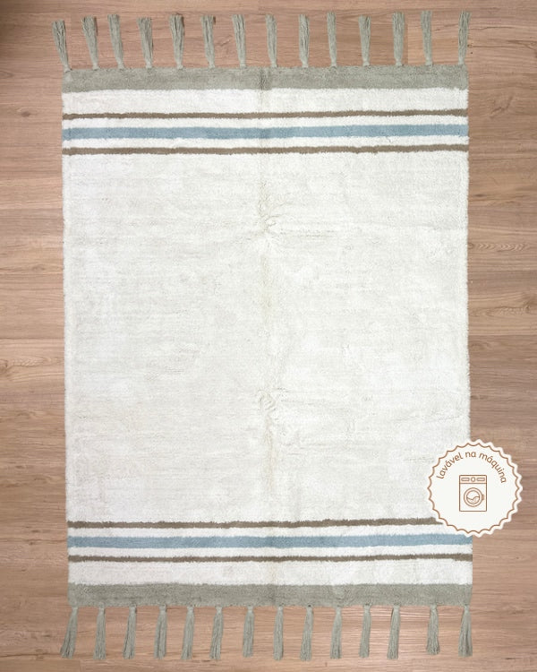 Tapete Lavável de Algodão Listra Azul com Pompom