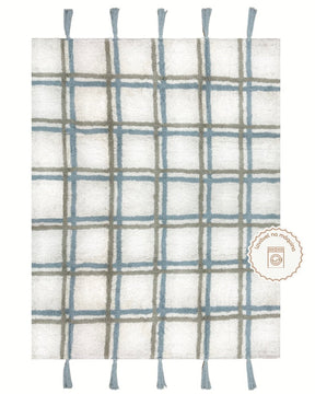 Tapete Lavável de Algodão Xadrez com Pompom Azul