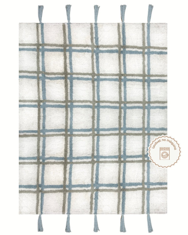 Tapete Lavável de Algodão Xadrez com Pompom Azul