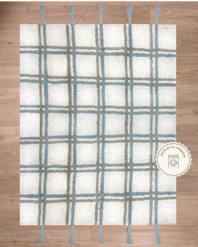 Tapete Lavável de Algodão Xadrez com Pompom Azul