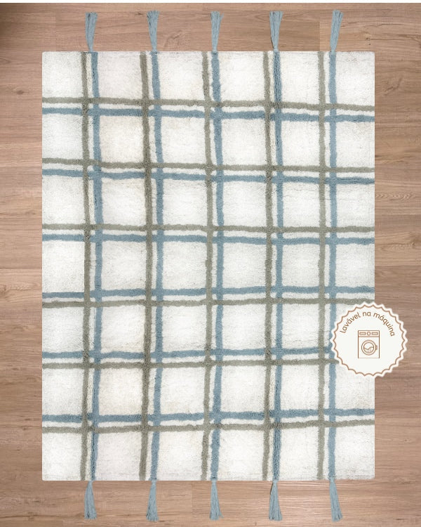 Tapete Lavável de Algodão Xadrez com Pompom Azul