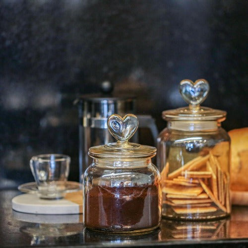 Kit com 3 pote +1 Cesta Pote Vidro Âmbar Hermético Decor Afeto Coração