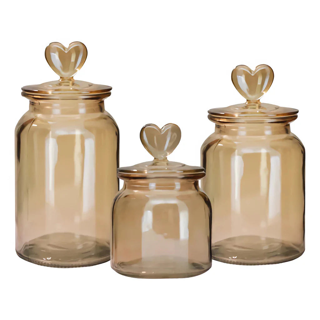 Kit com 3 pote +1 Cesta Pote Vidro Âmbar Hermético Decor Afeto Coração