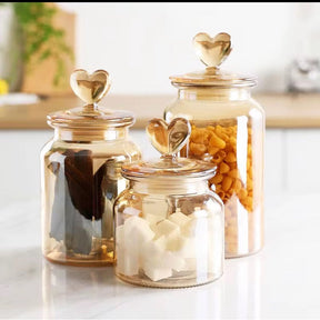 Kit com 3 pote +1 Cesta Pote Vidro Âmbar Hermético Decor Afeto Coração
