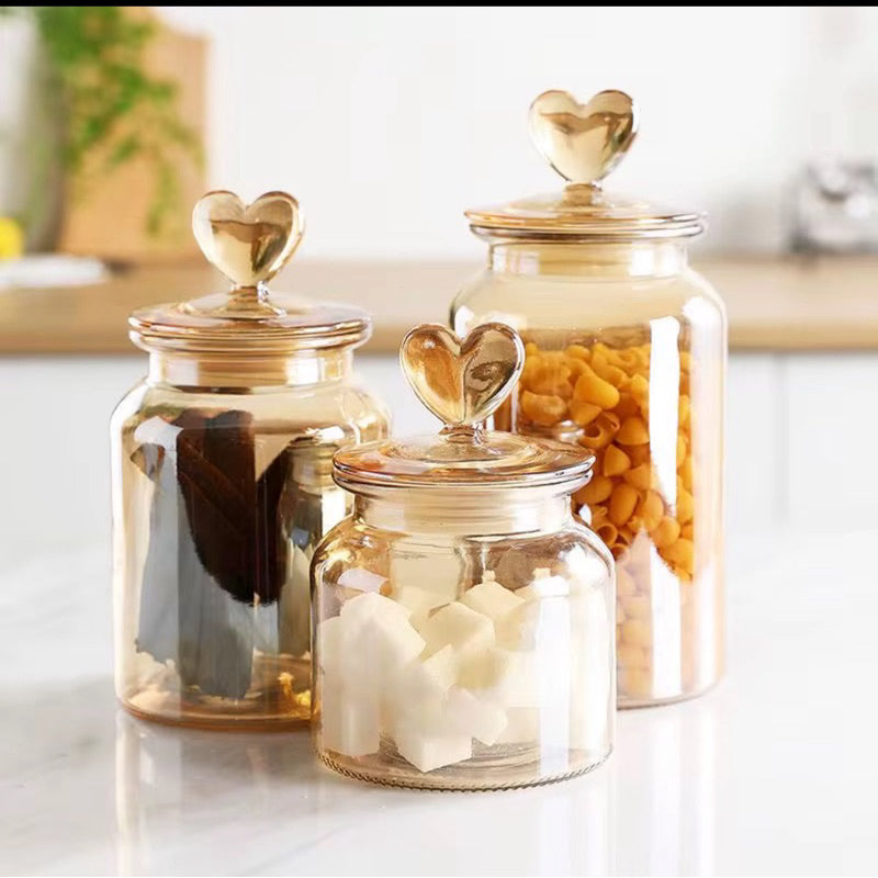Kit com 3 pote +1 Cesta Pote Vidro Âmbar Hermético Decor Afeto Coração