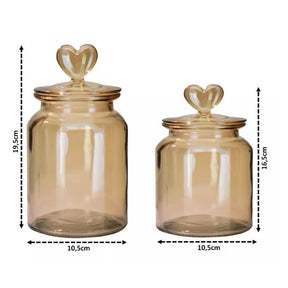 Kit com 3 pote +1 Cesta Pote Vidro Âmbar Hermético Decor Afeto Coração