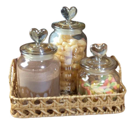 Kit com 3 pote +1 Cesta Pote Vidro Âmbar Hermético Decor Afeto Coração