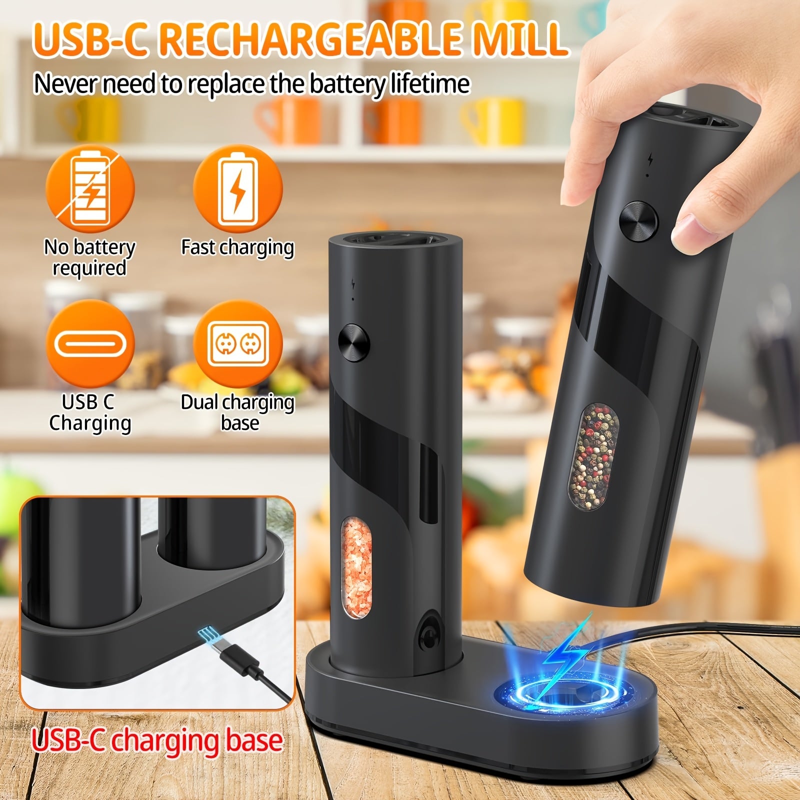 One-Pack and Two-Pack Electric Rechargeable Pepper Grinder Set with Top-Fill Automatic Grinder, Adjustable Coarseness, Large Capacity Easy Load, LED Light for Home Kitchen